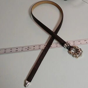 BROWN SEWN EDGE, GENUINE LEATHER 3/4" HEAVY SILVER BUCKLE & TIP END VINTAGE 1995